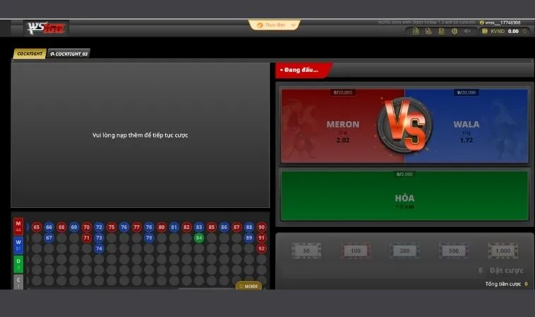 Giao diện đặt cược tại sảnh Đá Gà WS168 Tại K9Win