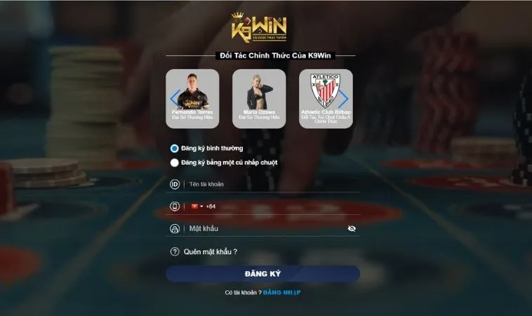 Giao diện đăng ký K9Win