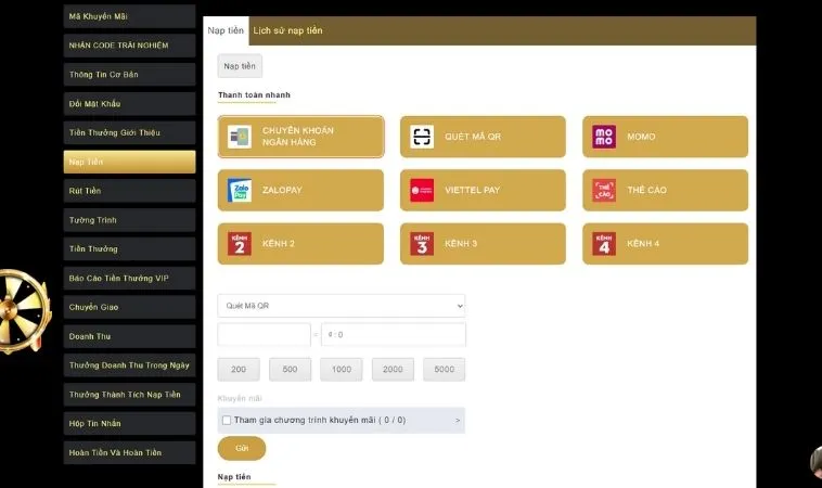Giao diện nạp tiền K9Win