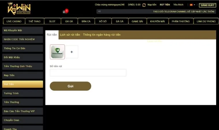 Giao diện rút tiền K9Win