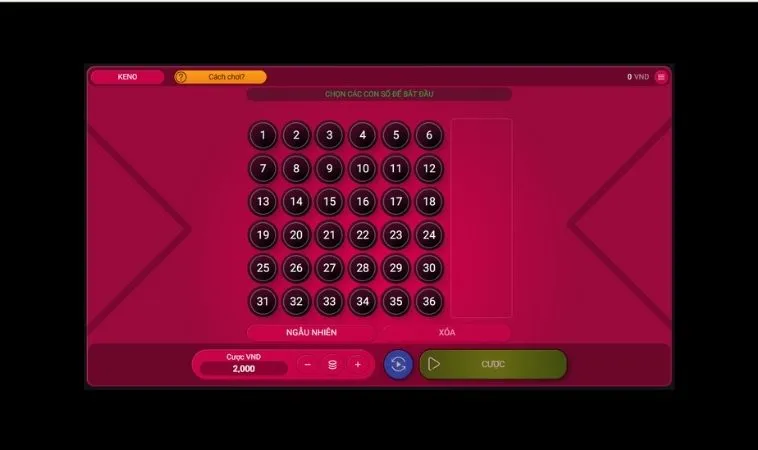 Giao diện chơi game nhanh Keno K9Win